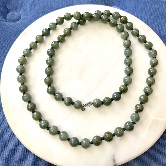 Jade of Yesteryear Jewelry - Green Jadeite Jade 10mm Bead Single Strand Sterling Silver Necklace